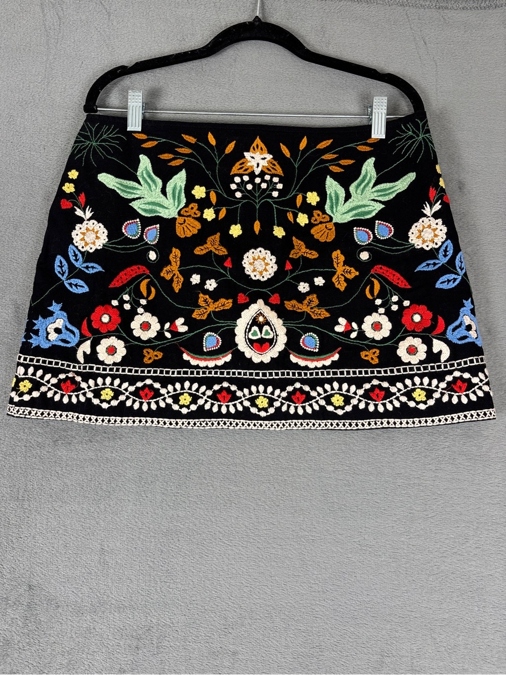 Zara Black Mini Skirt with Multicolor Floral Embroidery